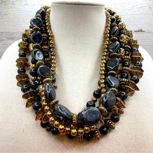 Amrita Singh Signed Gold Tone Faux Onyx 7 Layer Beaded Statement Chunky Necklace